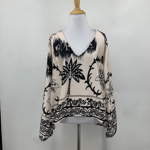 Venti6 Blouse Womens M Champagne Black Floral Wide Sleeve V Neck High Low Top - Picture 2 of 11